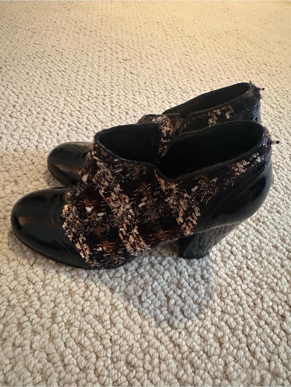 Womens Black Tweed & Patent Leather Ankle Booties